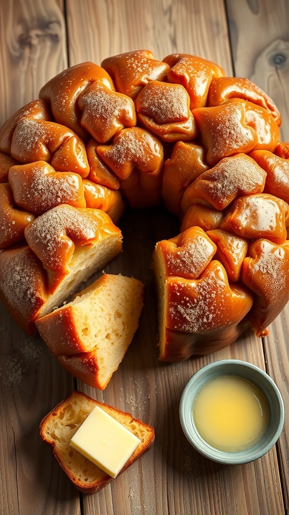 A golden brown vegan monkey bread on a wooden table, dusted with cinnamon sugar, with a bowl of melted vegan butter.